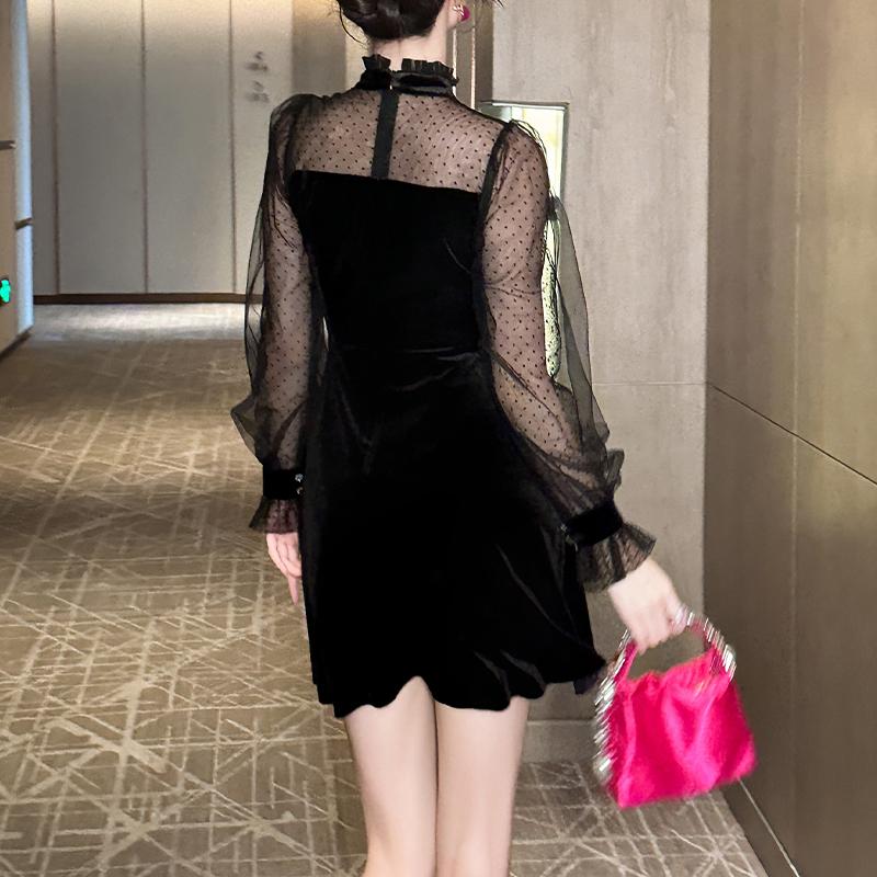 ZYHT 80381 New Long Sleeve Dress Women High Waist Line Lace Velvet Dress Women Unique Fashion Party Elegant Dress