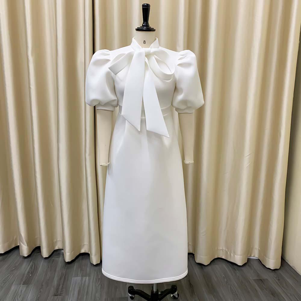 D235 Latest Design Summer Banquet Dress Women Elegant Solid Color Bow Short Sleeve Party Dress Evening Dress