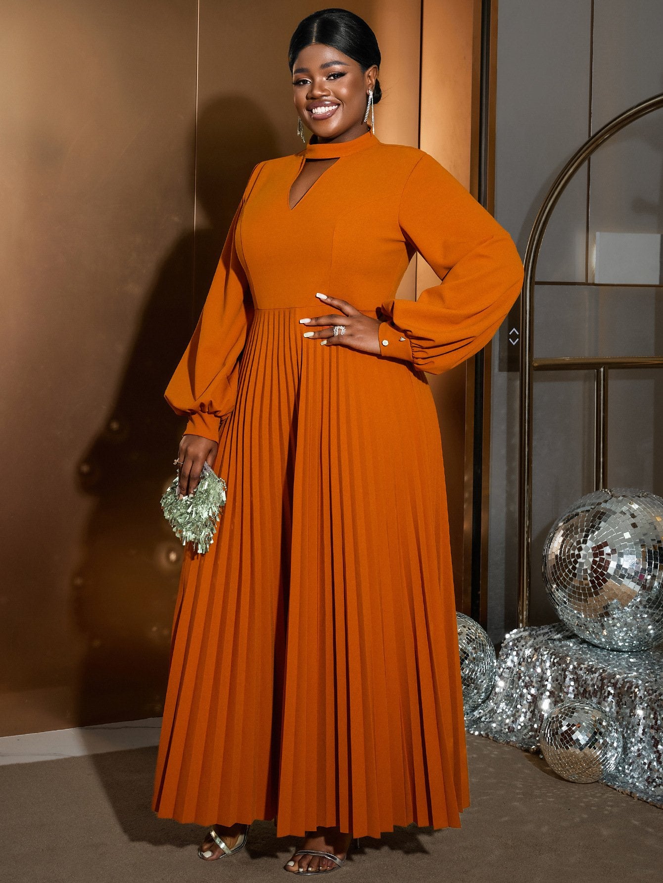 Am03 Spring 2024 African Hollow Collar Dress Comfortable Loose Fit Lantern Sleeve Pleated Skirt Dress