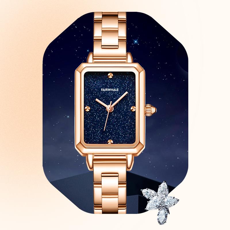 Brand Women's Watch Fashion Square Quartz Watch Bracelet Suit Green Or Blue Dial Simple Rose Gold Stainless Steel Luxury Watch