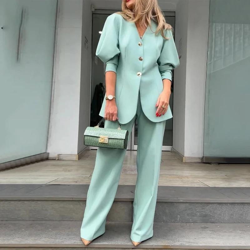 Spring 2024 New Women's Fashion Lantern Sleeves Loose Suit Temperament Commuter Jacket Trousers Suit Women's Elegant Blazer Suit