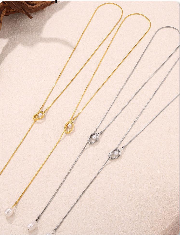 Stainless Steel Simple Long Tassel Pearl Initial Necklace Adjustable Chain Sweater Necklace Party Daily