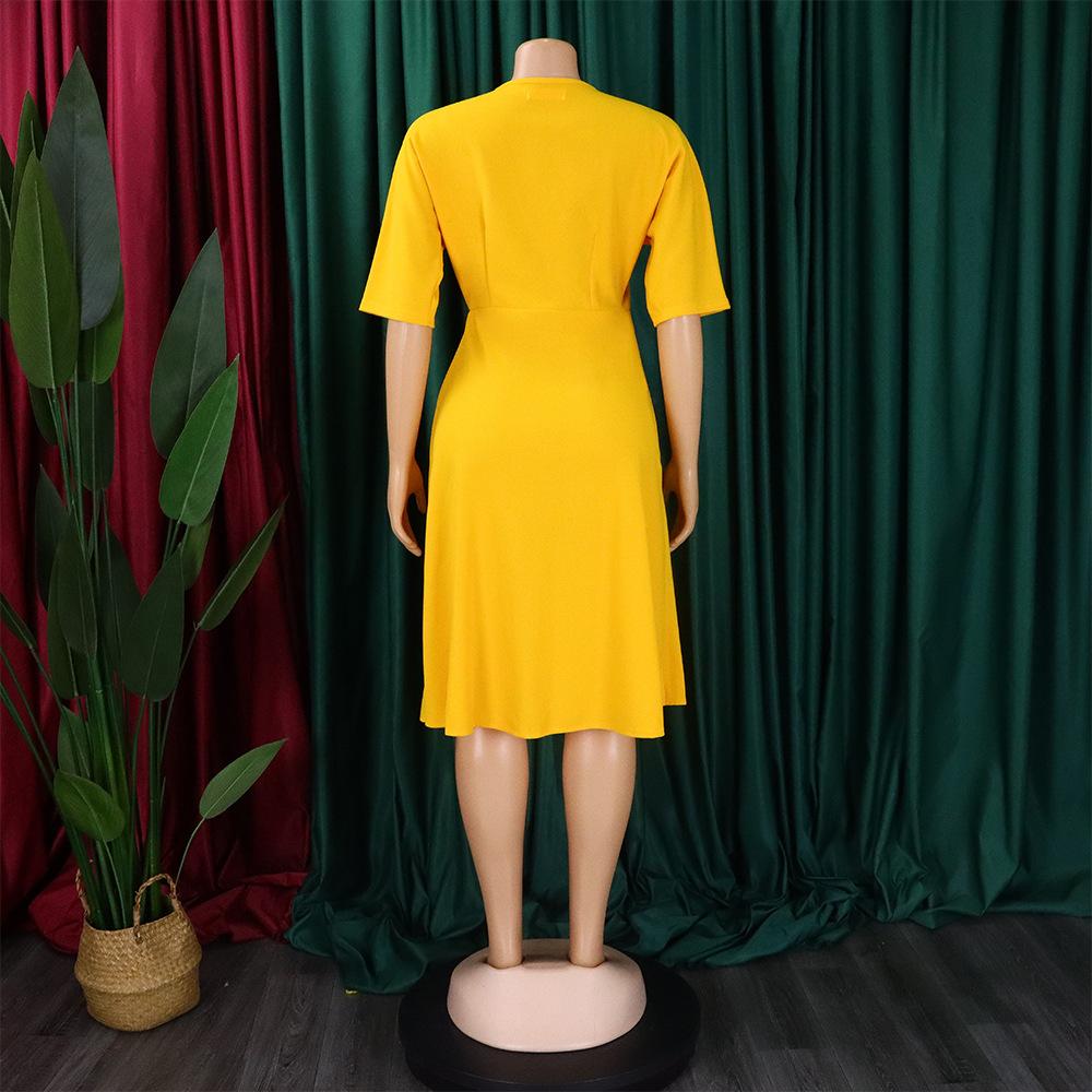 Latest Design Custom V-neck Waist Fashion Short Sleeve Pleated Irregular Tight Fashion Casual Dress