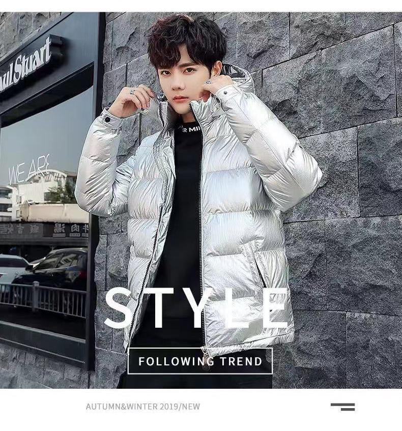 Down Jacket Men's Bright Face Fashionable Hooded Short Thickened Winter Bomber Shiny Puffer Men's Jacket