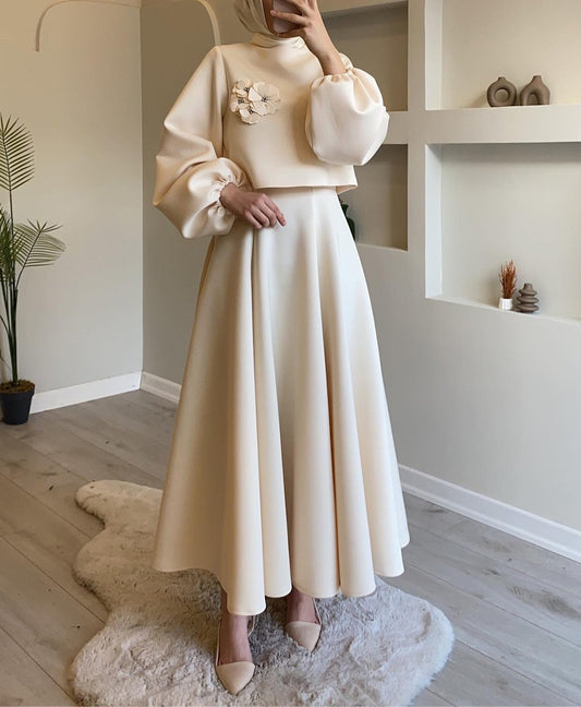 2024 New Casual Dress Muslim Two-Piece 3D Flower Powder Puff Sleeve Top Pleated Skirt Solid Loose Long Skirt Suit