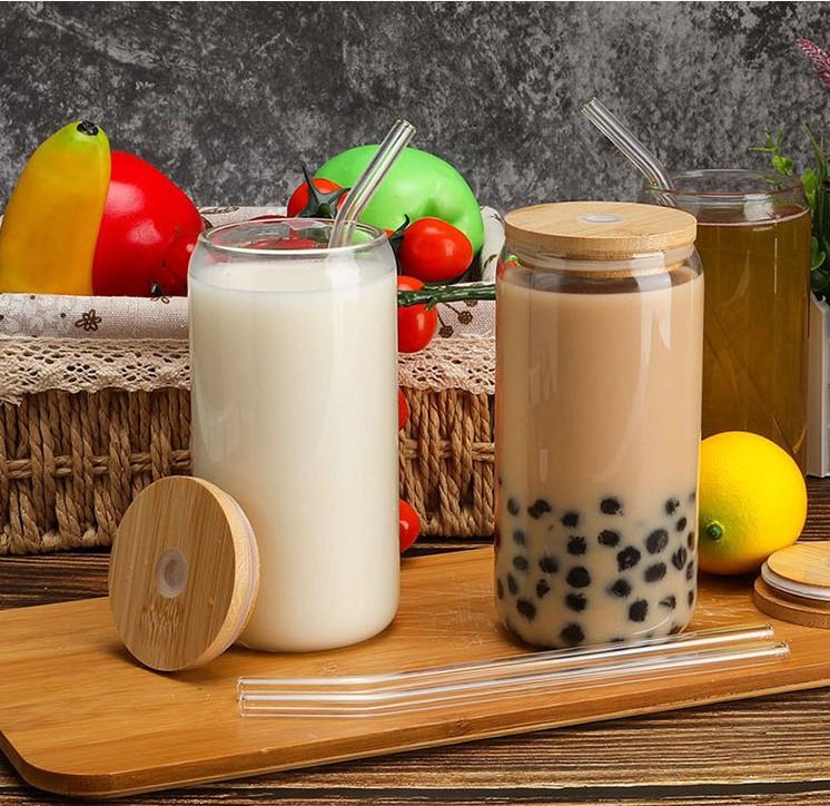Bamboo Lid Wine Glass 16 Oz Can Cocktail Glass Beer Ice Coffee Glass Whiskey Tea