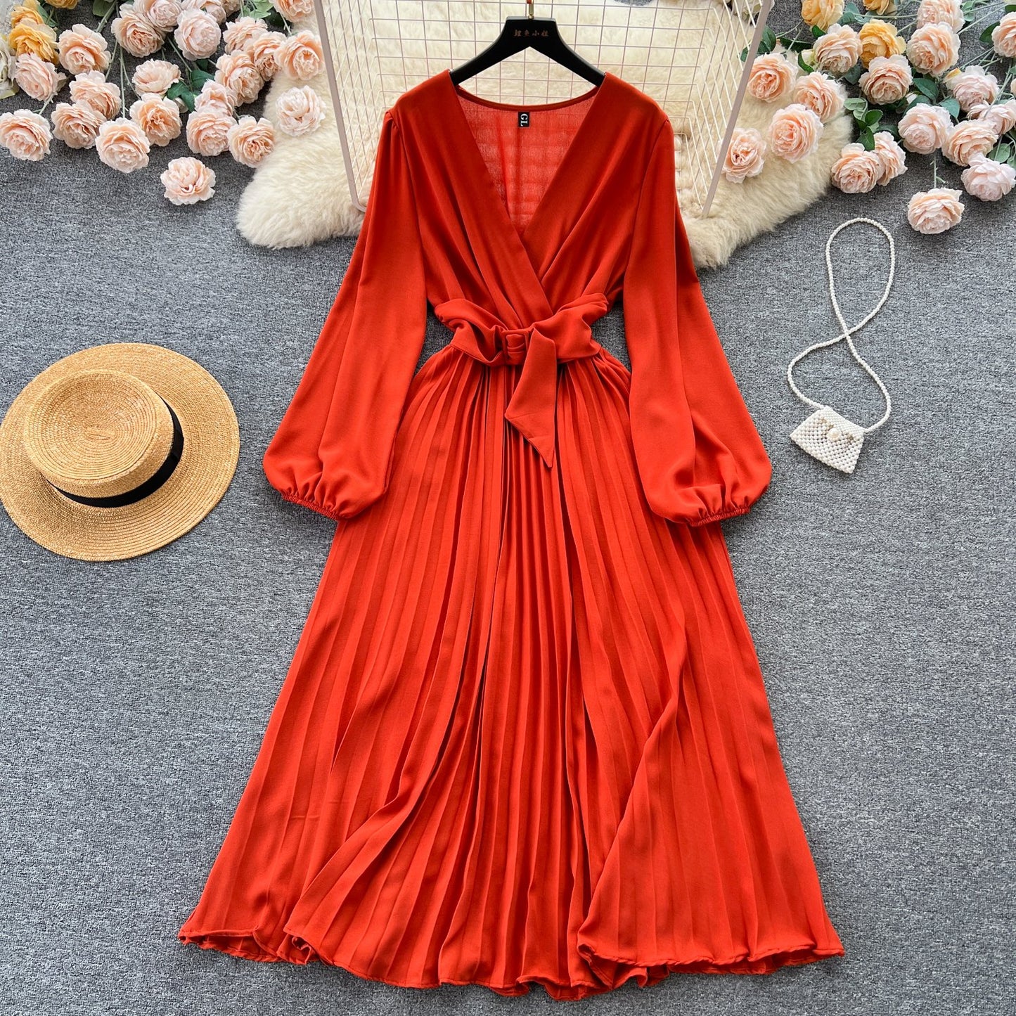 Summer Roman V-neck Tunic Waist Dress Women's Long Lantern Sleeve Empire Lace Dress Red Yellow Purple Black