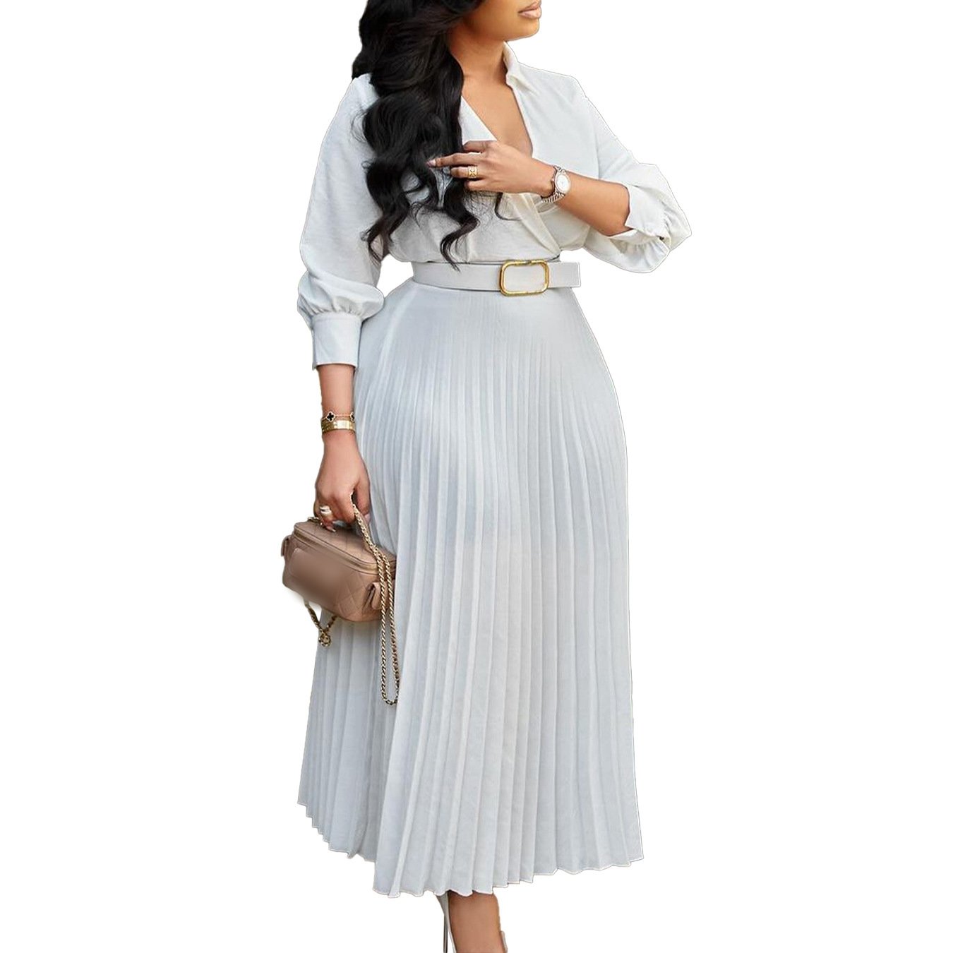 C8587 Fashion Casual Dress Women's Elegant Solid Color Long Sleeve V-neck Pleated Skirt Women's Office Dress Dress With Belt