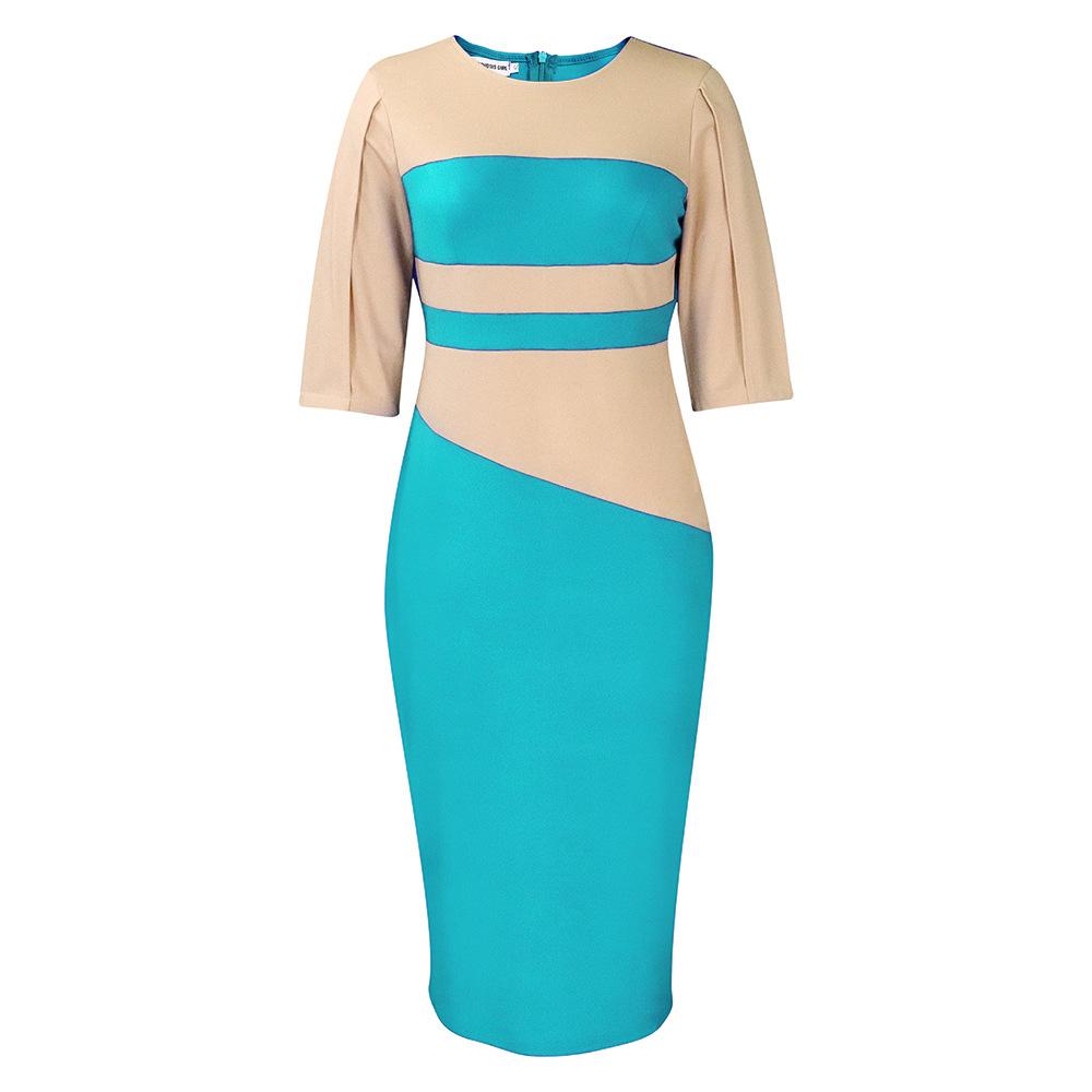 C230240 African Contrast Color Dress Plus Size Half Sleeve Pencil Formal Midi Dress Office Women
