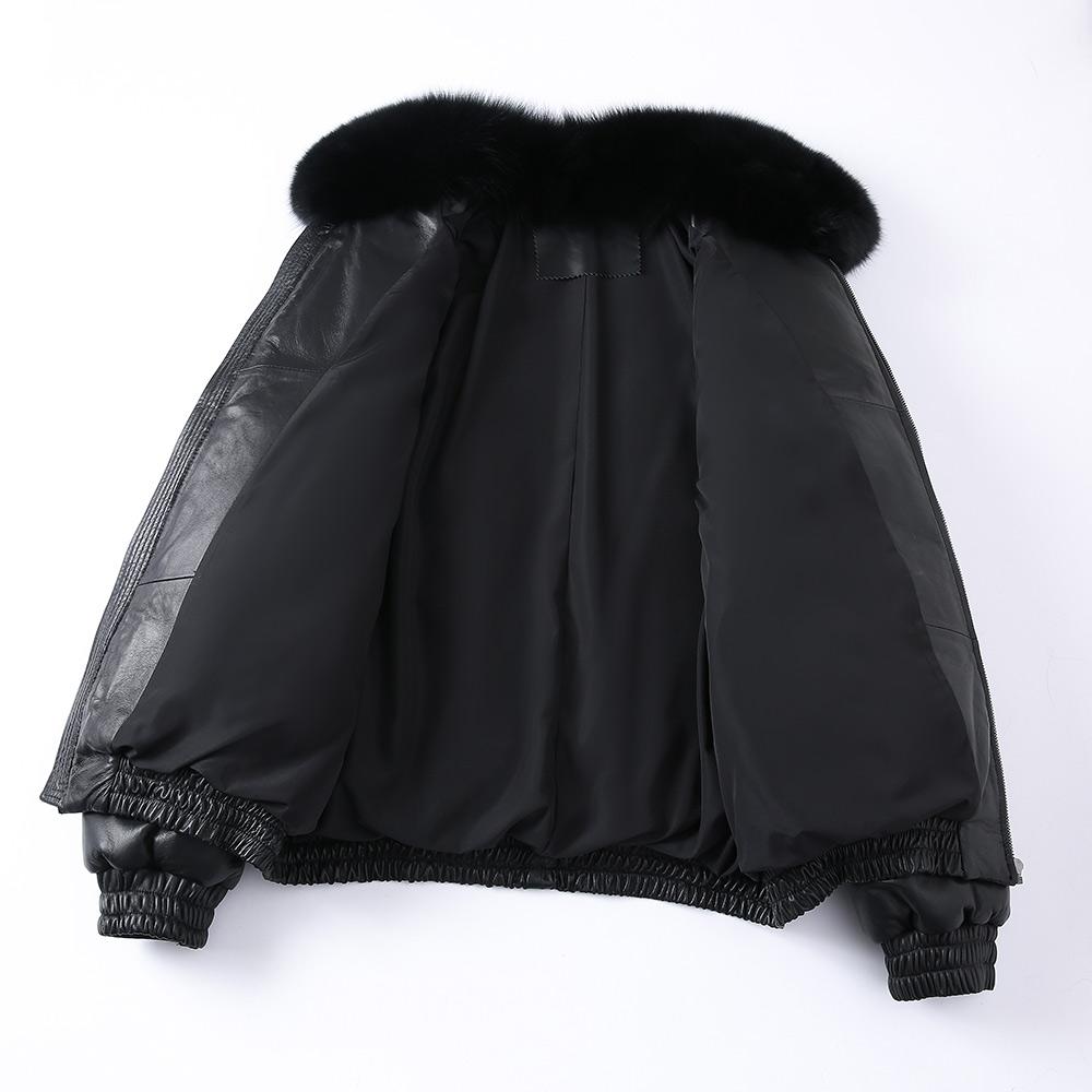 2021 Latest Men's High Custom Bomber Black Real Fox Fur Collar High Grade Duck Down With Black Real Sheepskin Jacket