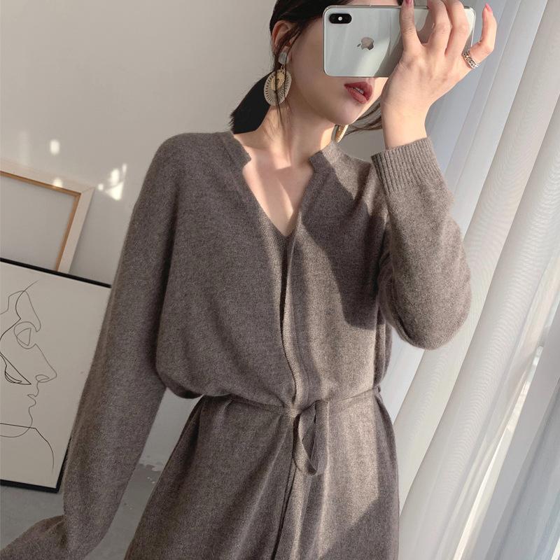 Wholesale 2021 Autumn New Fashion Simple Temperament Thin Solid Color Knee Drawstring Waist Knitted Dress