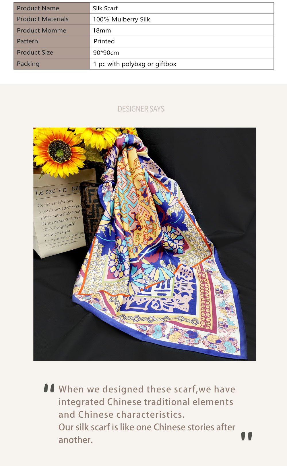 Chinese Traditional Elements Printed Custom Silk Scarf 90*90cm Square Mulberry Silk Scarf Custom Printed Silk Scarf
