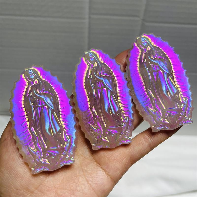 Wholesale Halo Pink Crystal Carved Virgin Mary Plated Rose Quartz Carved Santa Maria Gift