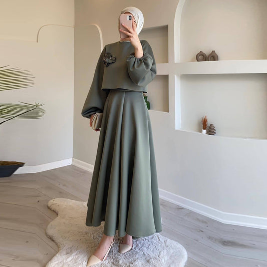 Wholesale Fashion Elegant Moderation Islamic Clothing Two-Piece Muslim Women Casual Shirt Floral Lantern Sleeve Loose Dress Suit