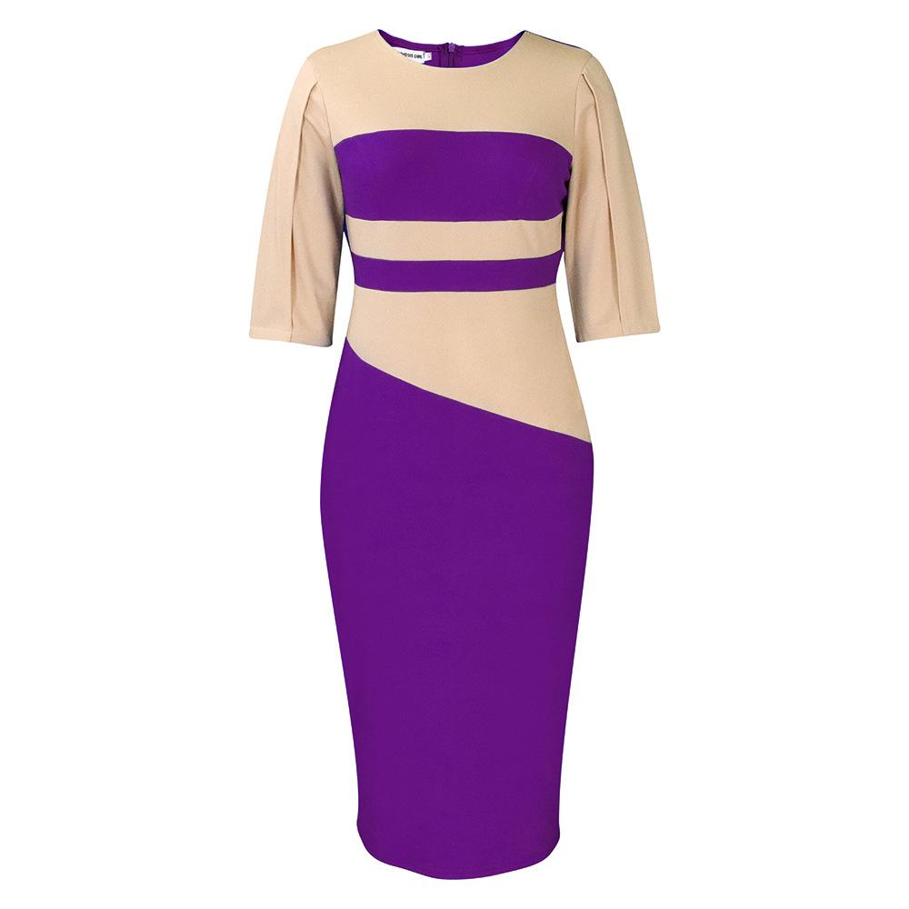 C230240 African Contrast Color Dress Plus Size Half Sleeve Pencil Formal Midi Dress Office Women