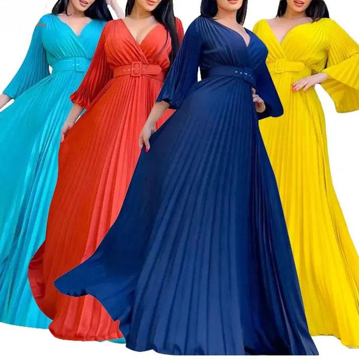 Fashion Women Evening Gown V-neck A Line High Waist Long Sleeve Pleated Maxi Weeding Dress Elegant