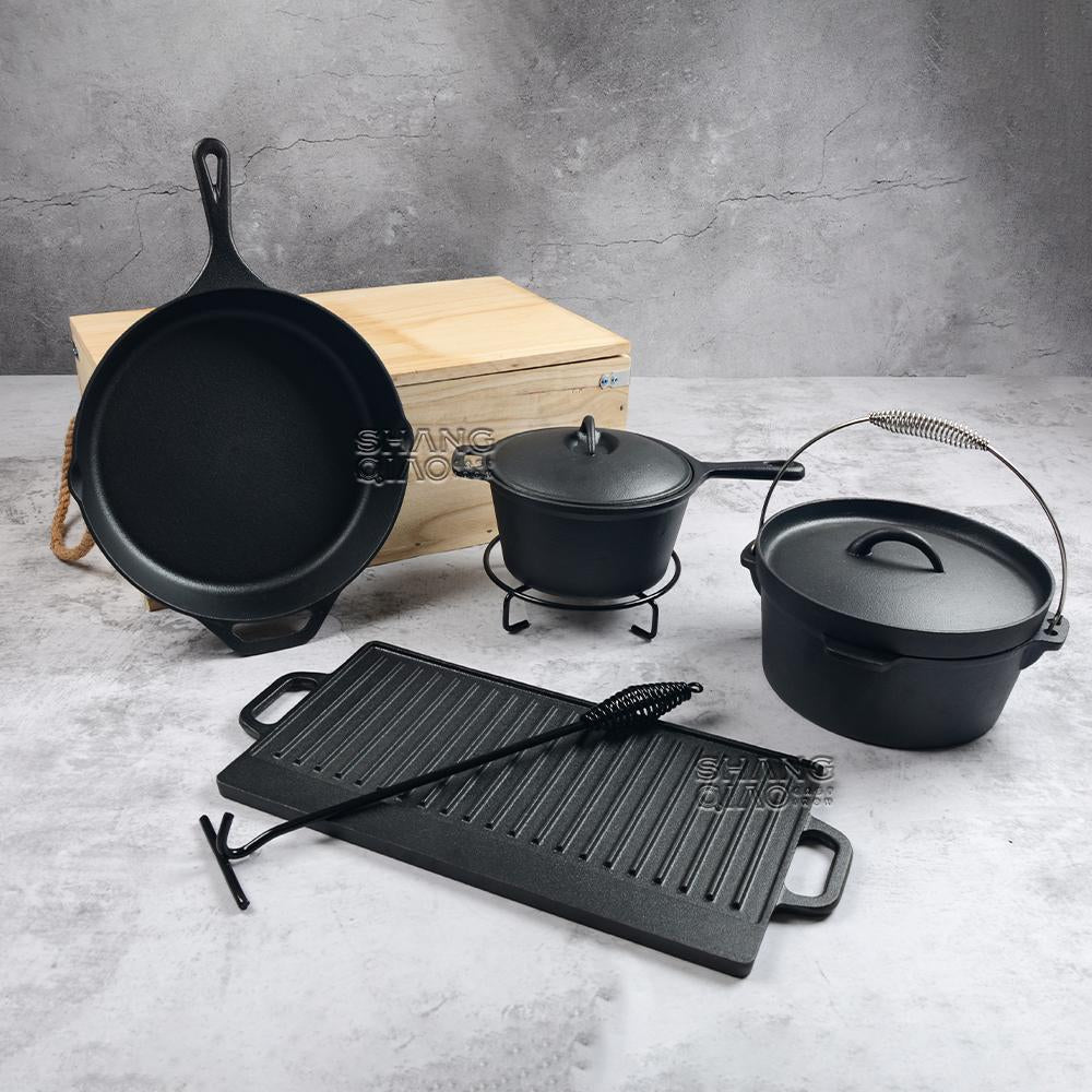 Pre-seasoned Frying Pan With Sauce Cast Iron Dutch Oven Pan Cookware Suit Wooden Crate