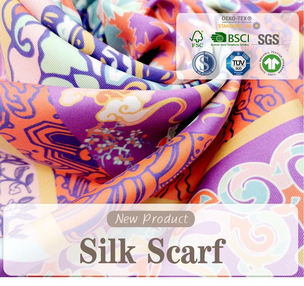 Chinese Traditional Elements Printed Custom Silk Scarf 90*90cm Square Mulberry Silk Scarf Custom Printed Silk Scarf