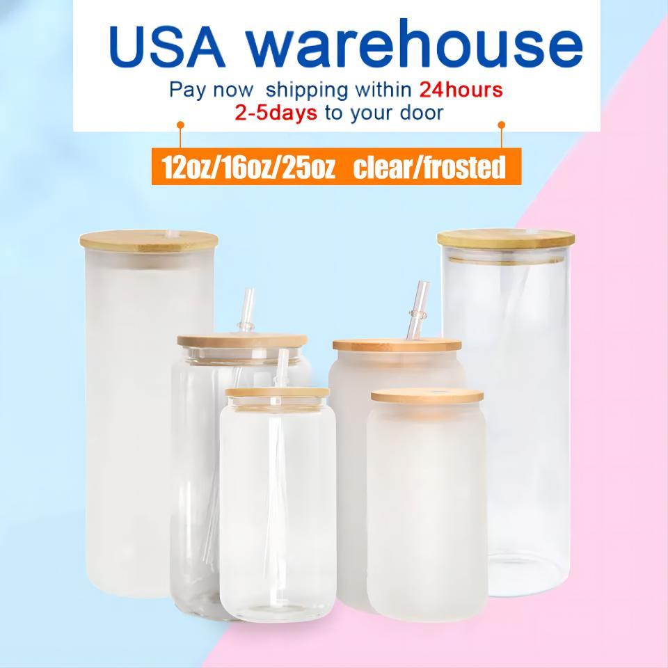 US Warehouse Stock 12 Oz 16 Oz Clear Frosted Sublimation Blank Glass Mason Can Beer Can Glass With Bamboo Lid And Straw