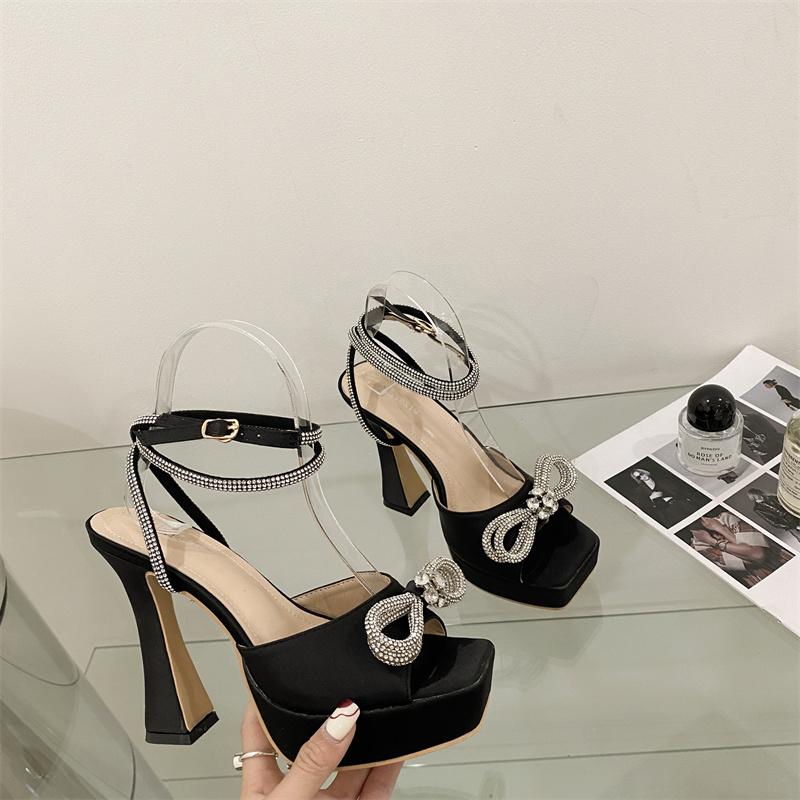 2023 Fashion Runway Rhinestone Ankle Strap High Heels Women's Sandals Crystal Bow Open Toe Platform Thick Party Dance Shoes