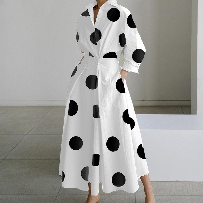 S-2XL Autumn Long Sleeve Dot Print Elegant Maxi Women's Casual V-neck Shirt Party Long Dress Nightdress Women