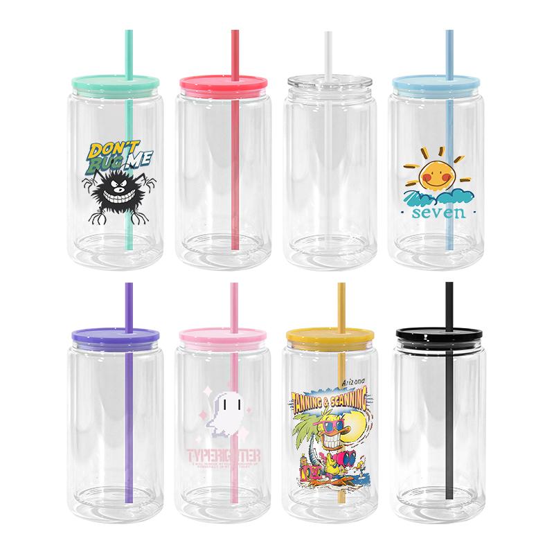 Snowball Coffee Cup With Lid Wine Glass Double Wall Pre-drilled Wine Glass With Colored Lid And Straw 16 Oz Plastic Jar