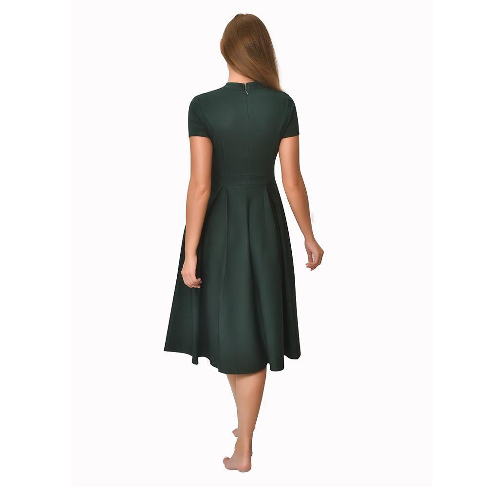 Wholesale High Quality Elegant Dress Short Sleeve O Collar Solid Casual Dress Women Pleated Skirt