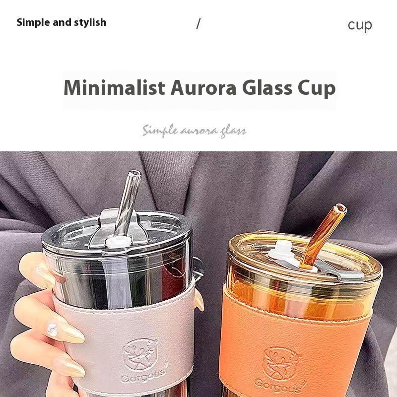 Large Capacity Heat Insulation Glass Double-layer Straw Water/coffee Cup With Plastic Lid High Appearance Summer Ins Net Red