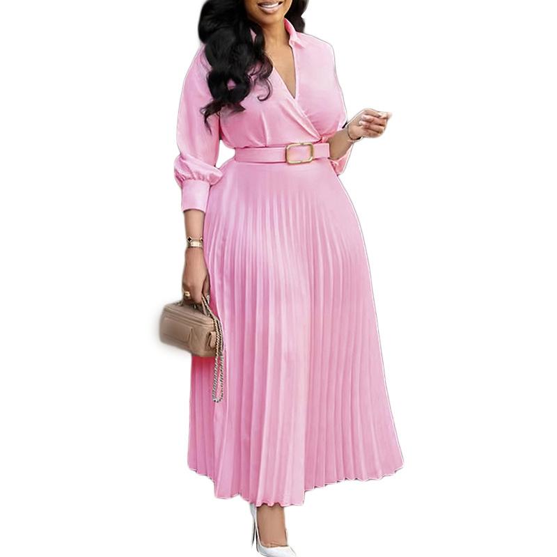 C8587 Fashion Casual Dress Women's Elegant Solid Color Long Sleeve V-neck Pleated Skirt Women's Office Dress Dress With Belt