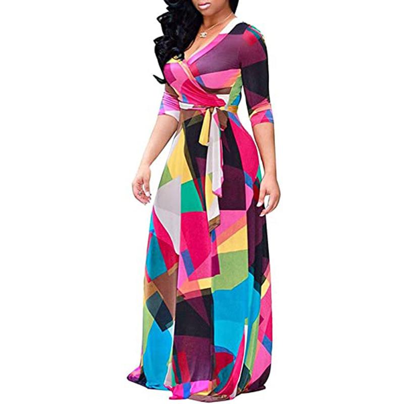 Women's S-5XL Plus Size Printed Long Sleeve Dress Crossover V-Neck Dress Maxi Long Casual Dress