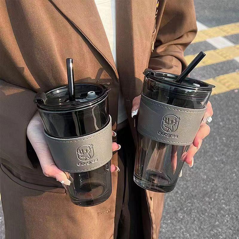 Large Capacity Heat Insulation Glass Double-layer Straw Water/coffee Cup With Plastic Lid High Appearance Summer Ins Net Red