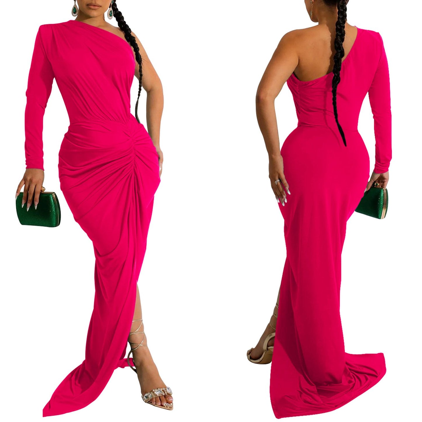 X6042 New Ladies Evening Dress Dress Elegant Solid Color Oblique Collar One Piece Long Sleeve Dress Ladies Party Dress
