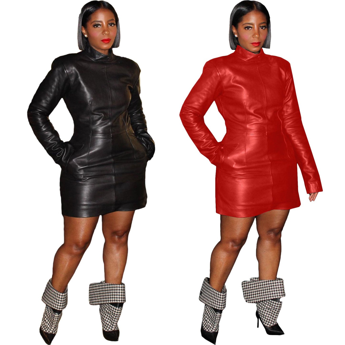 2024 New Women's Clothing Wholesale Long Sleeve Tight Fashion Draped Pu Leather High Street Style Cool Girl Casual Dress