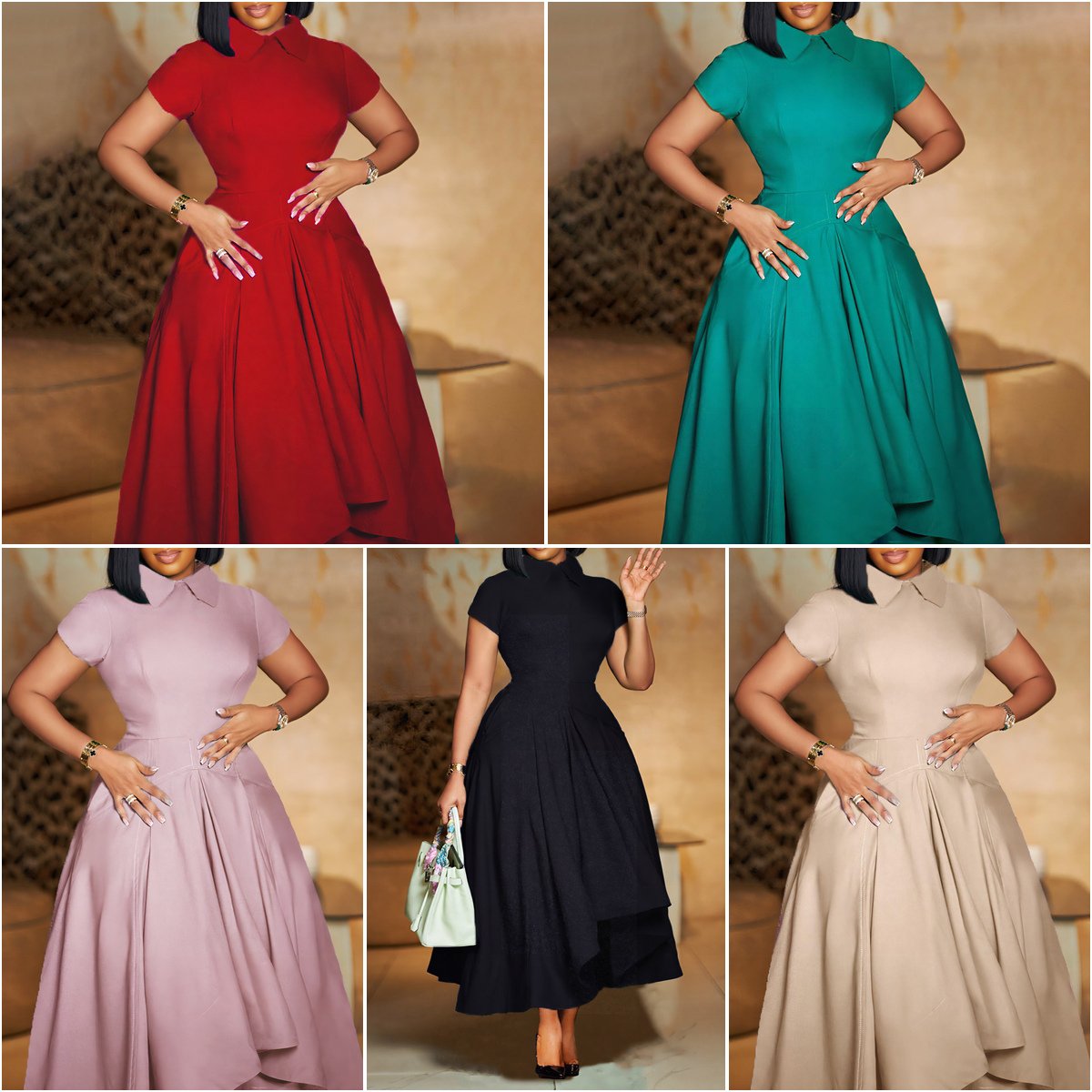 D514 Fashion Summer Party Dress Women Polo Collar Short Sleeve High Waist A- Line Dress Elegant African Women's Dress