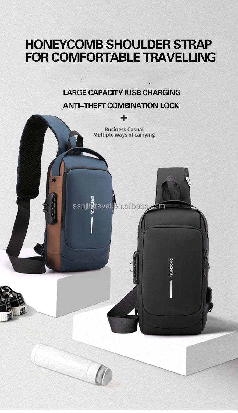 Fashion Anti-theft Men's Chest Bag Waterproof USB Charging Multi-function Shoulder Bag With Anti-theft Lock Universal PU Leather