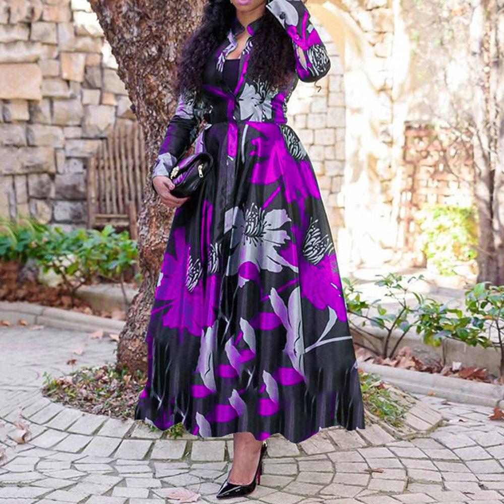 Spring Wholesale Women's Plus Size Dress Printed Long Sleeve Elegant Casual Dress Ruffled Maxi Dress