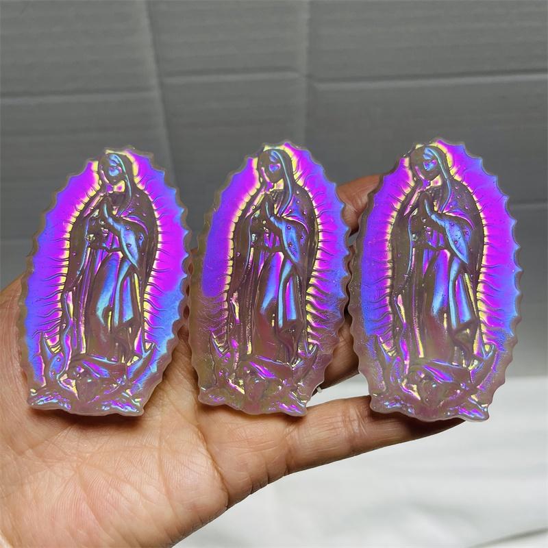 Wholesale Halo Pink Crystal Carved Virgin Mary Plated Rose Quartz Carved Santa Maria Gift