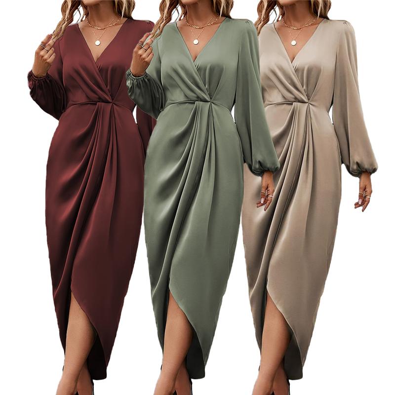 Women's Plus Size Long Puff Sleeve Office Satin Dress Round Neck Pleated Split Evening Gown