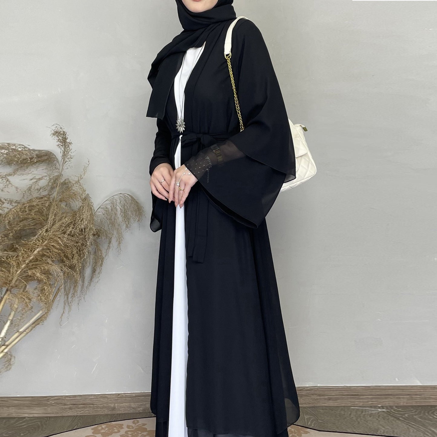 Wholesale Turkish Elegant Eid Women Muslim Dress Two Layer Chiffon Moderate Muslim Dress With Hjiab Kimono Open Dubai Abaya Suit
