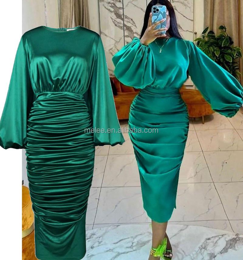Y307044 Pleated Green Satin Dress Long Puff Sleeve High Waist Soft Midi Banquet Party Plus Size Women's Clothing
