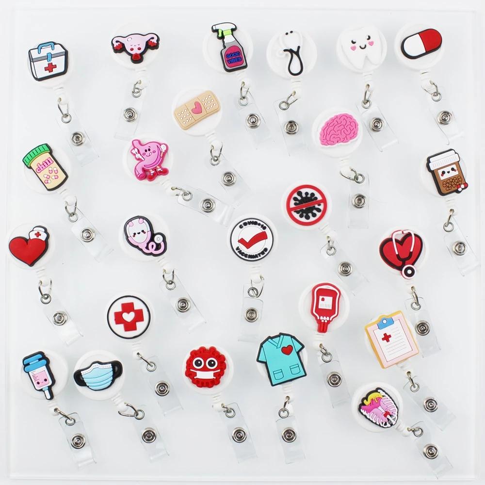 Bestom MOQ 100 32mm Silicone Nurse Accessories Gift ID Card Badge Retractable Reel, Heart-shaped Stethoscope Badge Holder