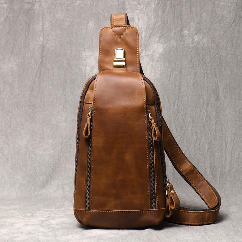 New Crazy Horse Show Leather Chest Bag Retro Genuine Leather Men's Bag Retro Casual Shoulder Bag Suitable For 7.9-inch IPad