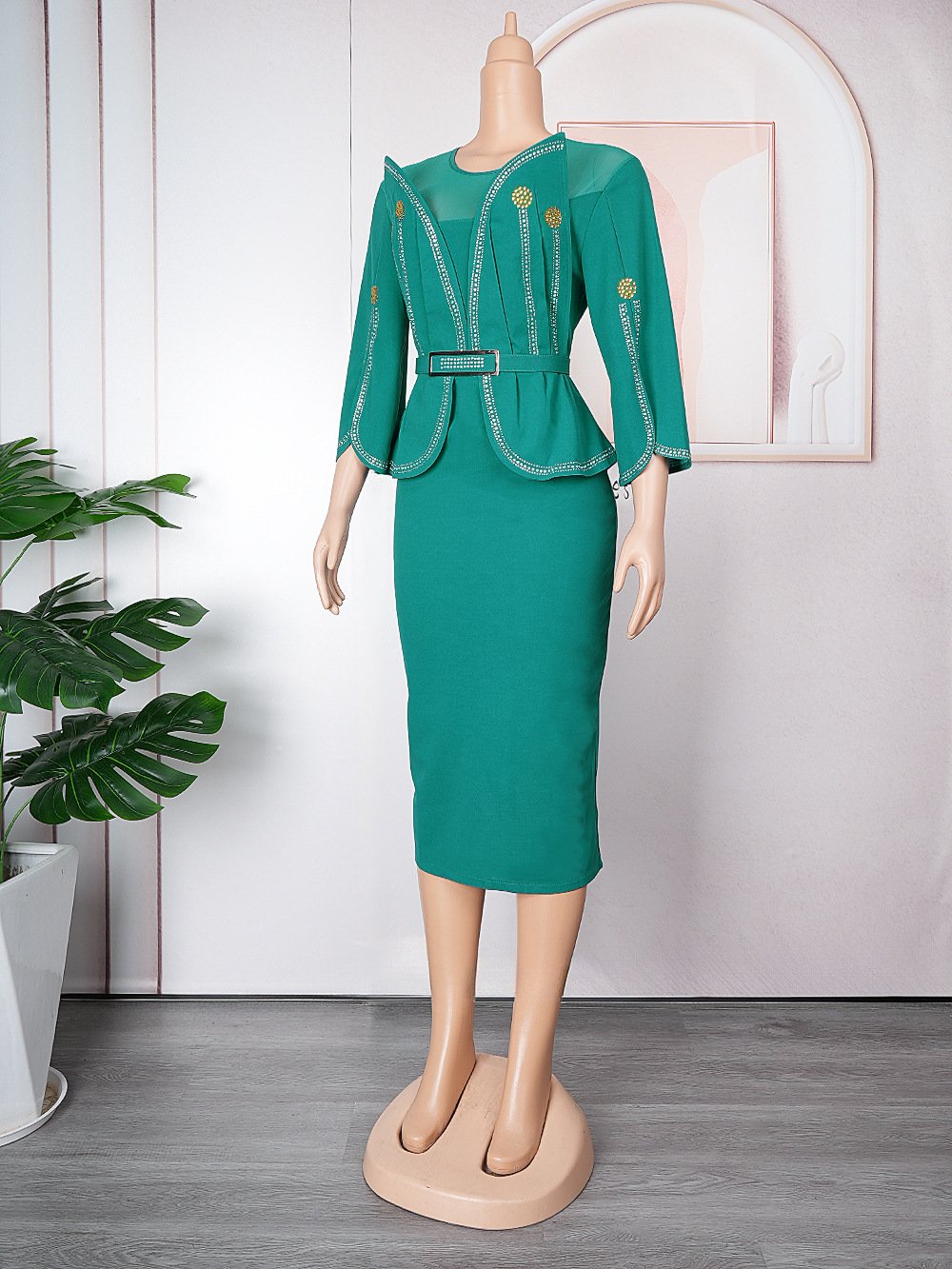 2023 African Mandarin Sleeve Dress Women Printed Dress With Belt Mother Plus Size Elegant Pleated Dress