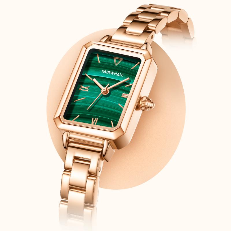 Brand Women's Watch Fashion Square Quartz Watch Bracelet Suit Green Or Blue Dial Simple Rose Gold Stainless Steel Luxury Watch