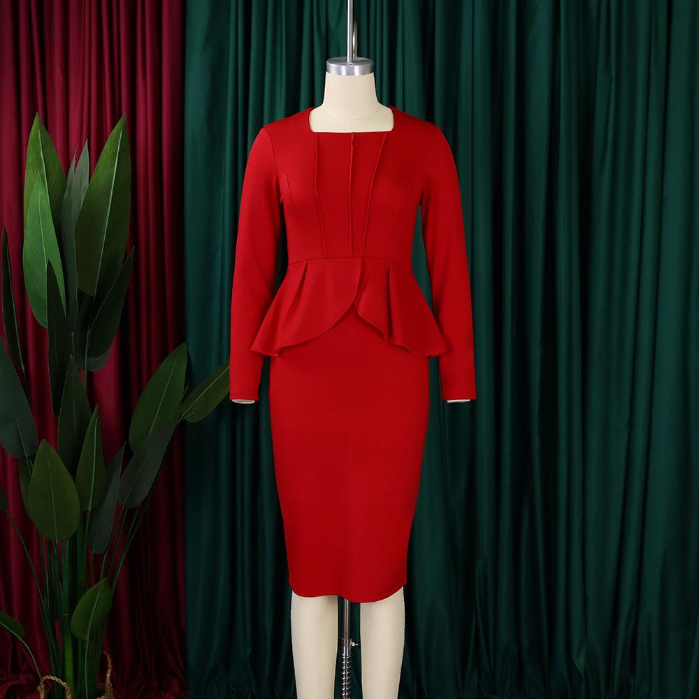 D444 Latest Design Autumn Dress Women Casual Long Sleeve Elegant Ruffled Ladies Office Dress Women Formal Work Career Dress
