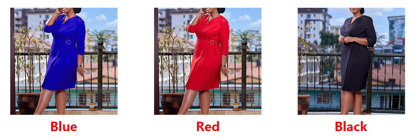 Custom Summer Women's Elegant 3 Quarter Sleeve Women Office Dress Pleated African Women's Clothing