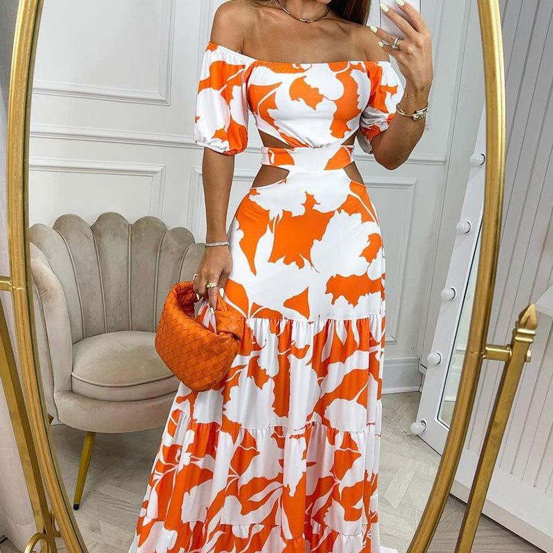 Women's Fashion Print Elegant Slim-fit Print Hollow Lace-up Dress