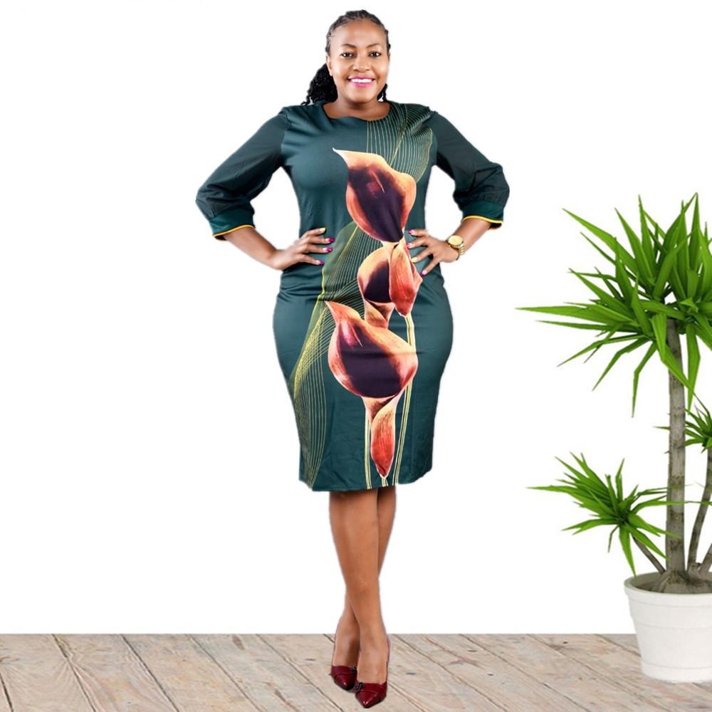 African Women Plus Size Dress O Collar 3/4 Sleeve Printed Office Dress Women's Pencil Midi Dress