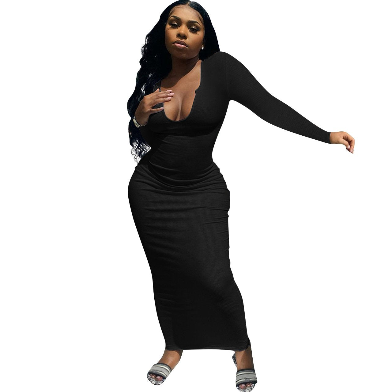 Wholesale Women's Deep V-neck Slim-fit Sexy Long Sleeve Dress Women's Summer Clothes Women's Casual Dress