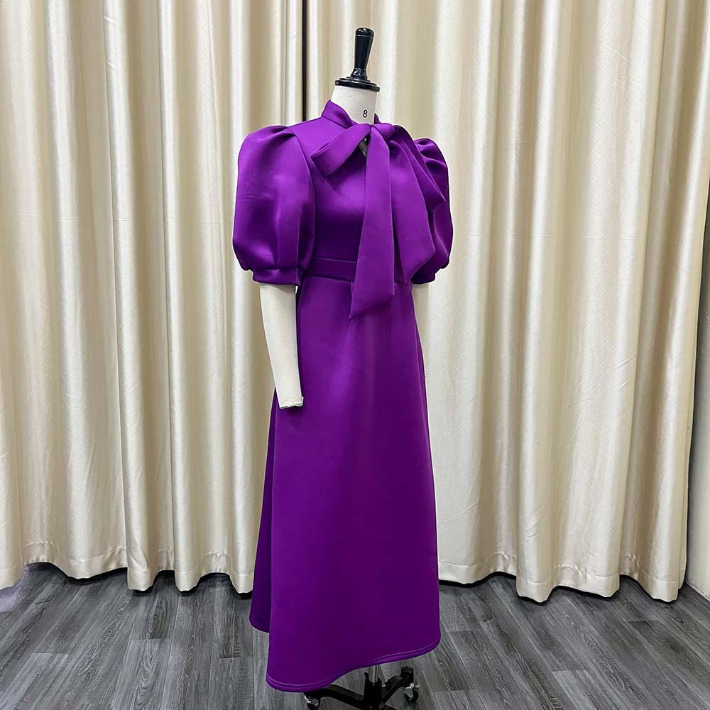 D235 Latest Design Summer Banquet Dress Women Elegant Solid Color Bow Short Sleeve Party Dress Evening Dress